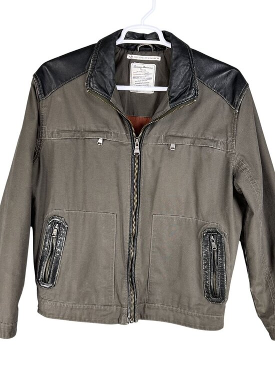Tommy Bahama Mens XL Moto Canvas Jacket Black Leather Accents Zip Pockets Biker - Picture 1 of 16